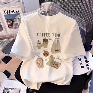 广州十三行韩系卡通印花t恤女夏季 白色正肩宽松体恤上衣纯棉短袖