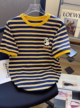 广州十三行高货欧货百搭条纹刺绣短袖t恤女宽松半袖显瘦体恤上衣