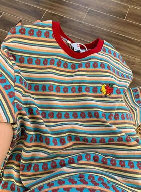 广州十三行高货多巴胺彩色条纹短袖t恤女夏设计感宽松休闲上衣ins