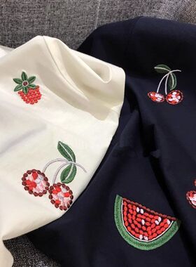 广州十三行高货欧货刺绣纯棉短袖t恤女夏设计感宽松微胖显瘦上衣