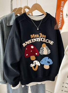 广州十三行女装黑色刺绣无帽卫衣女秋冬小个子宽松慵懒风外套上衣