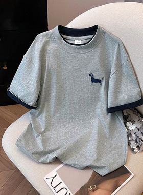 广州十三行女装灰色正肩纯棉短袖t恤女夏季好看独特漂亮宽松上衣