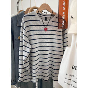 广州十三行软糯羊绒长袖 可外穿韩系条纹上衣 t恤女秋冬内搭打底衫