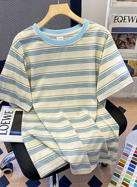 广州十三行女装蓝色正肩短袖t恤女宽松百搭复古条纹体恤上衣夏季