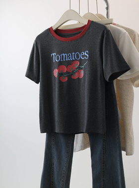 专柜奢侈品牌捡漏女装正肩显瘦撞色短款t恤打底衫女纯棉短袖上衣