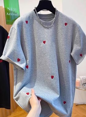 广州十三行女装韩系爱心刺绣短袖女夏正肩棉薄t恤宽松慵懒风上衣