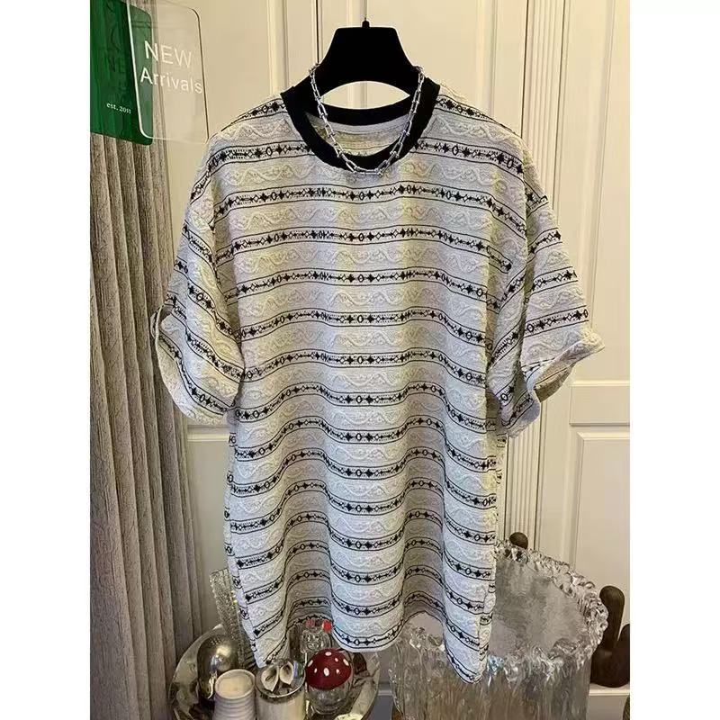 提花镂空短袖女夏季撞色条纹t恤