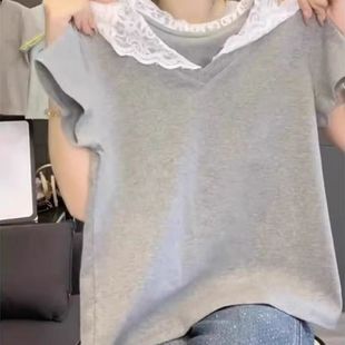 蕾丝拼接连帽短袖 广州十三行女装 t恤女夏洋气休闲纯棉上衣设计感
