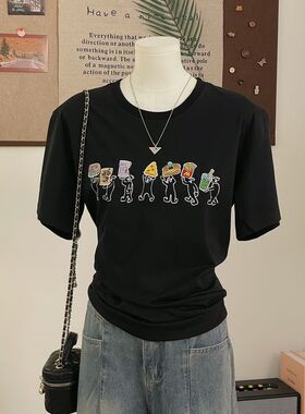 广州十三行美式纯棉短袖t恤女夏季半袖体恤宽松减龄卡通刺绣上衣
