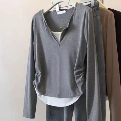早秋灰色抽褶假两件t恤上衣女秋