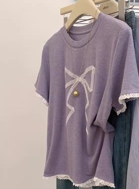 广州十三行女装蝴蝶结短袖t恤上衣服女夏蕾丝拼接宽松小个子体恤