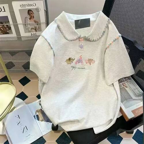 纯棉短袖t恤夏翻领刺绣减龄上衣