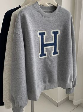 广州十三行字母刺绣灰色加绒卫衣女秋冬小个子韩系宽松百搭上衣服