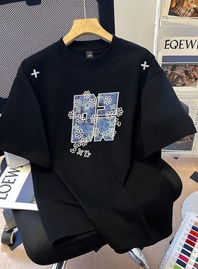 广州十三行女装黑色正肩纯棉短袖t恤美式宽松oversize半袖上衣服