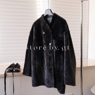 高品质英产皮胚美利奴羊皮毛一体 奢华高贵优雅双排扣V领大衣外套