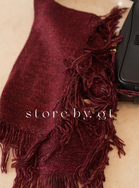 康赛妮topline真丝羊绒花纱流苏长围巾 红色花纱复古腔调超提气色