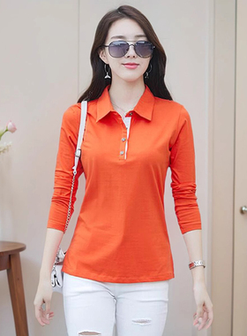 爆款衬衫高端女春秋妈妈长袖纯棉橙色t恤中年翻领打底衫带领上衣