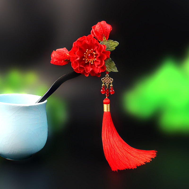 原创无胶工艺可拆卸流苏绢花发簪