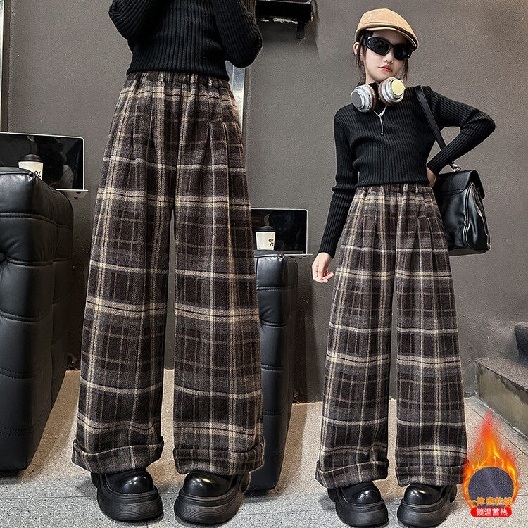 女童加绒格子裤秋冬2025新款儿童加厚阔腿裤大童女孩一体绒裤子冬