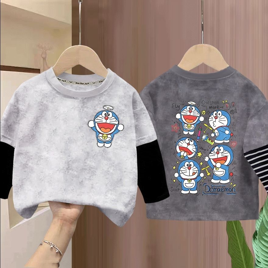 儿童纯棉长袖打底衫男童春秋款假两件中大童卡通哆啦A梦T恤上衣薄