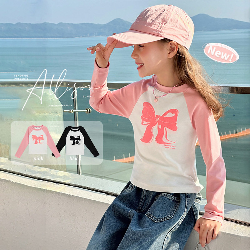女童纯棉蝴蝶结长袖T恤2025春季新款儿童洋气打底衫宝宝休闲上衣