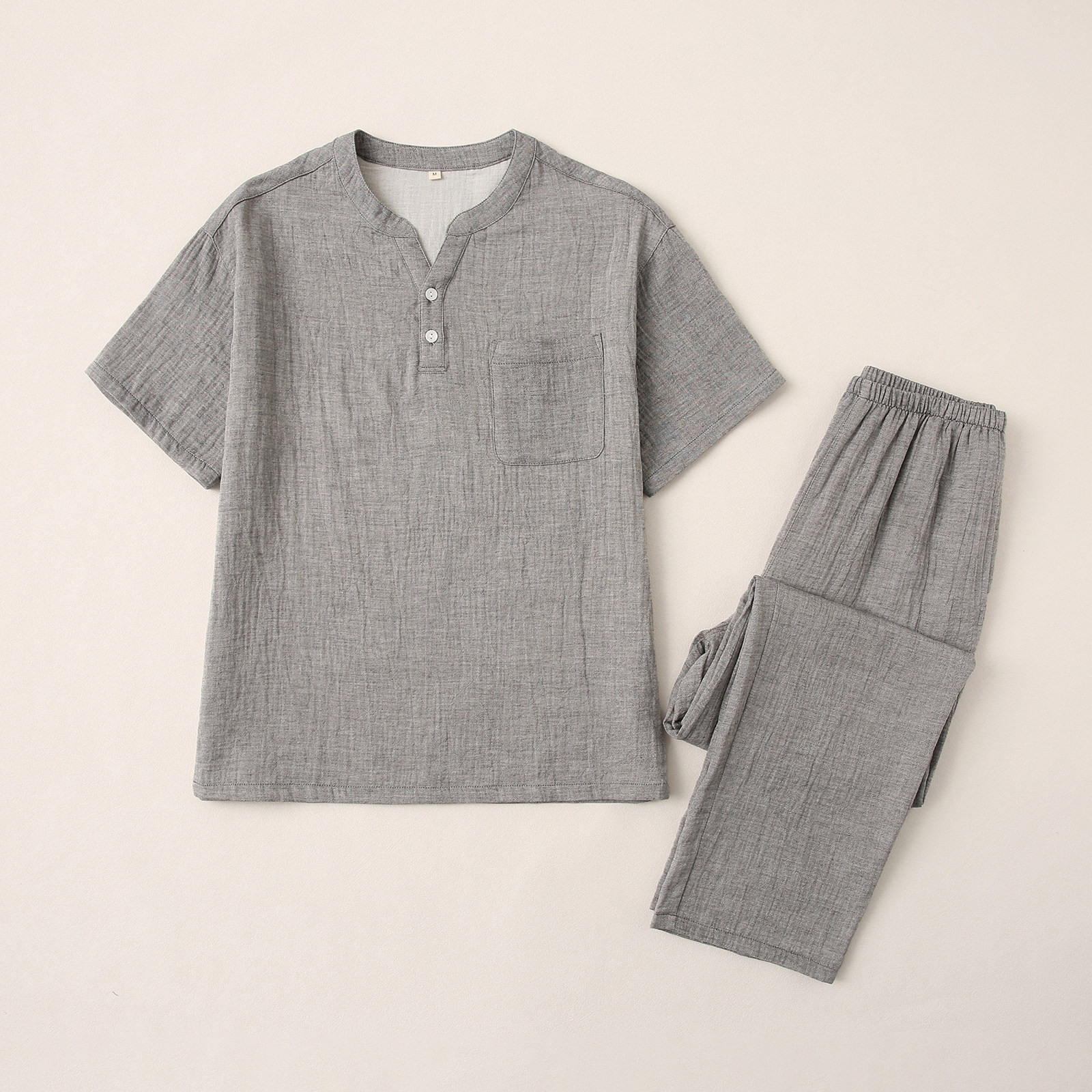 夏季男士日系薄款双层纱V领短袖长裤宽松家居服纯棉纯色睡衣套装