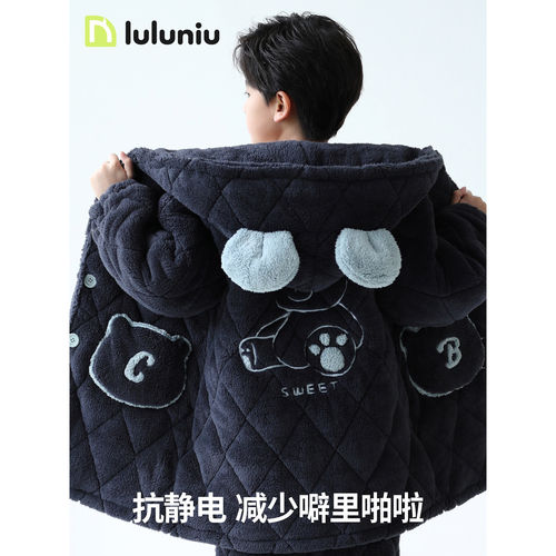 儿童睡衣男童冬季法兰绒夹棉加厚