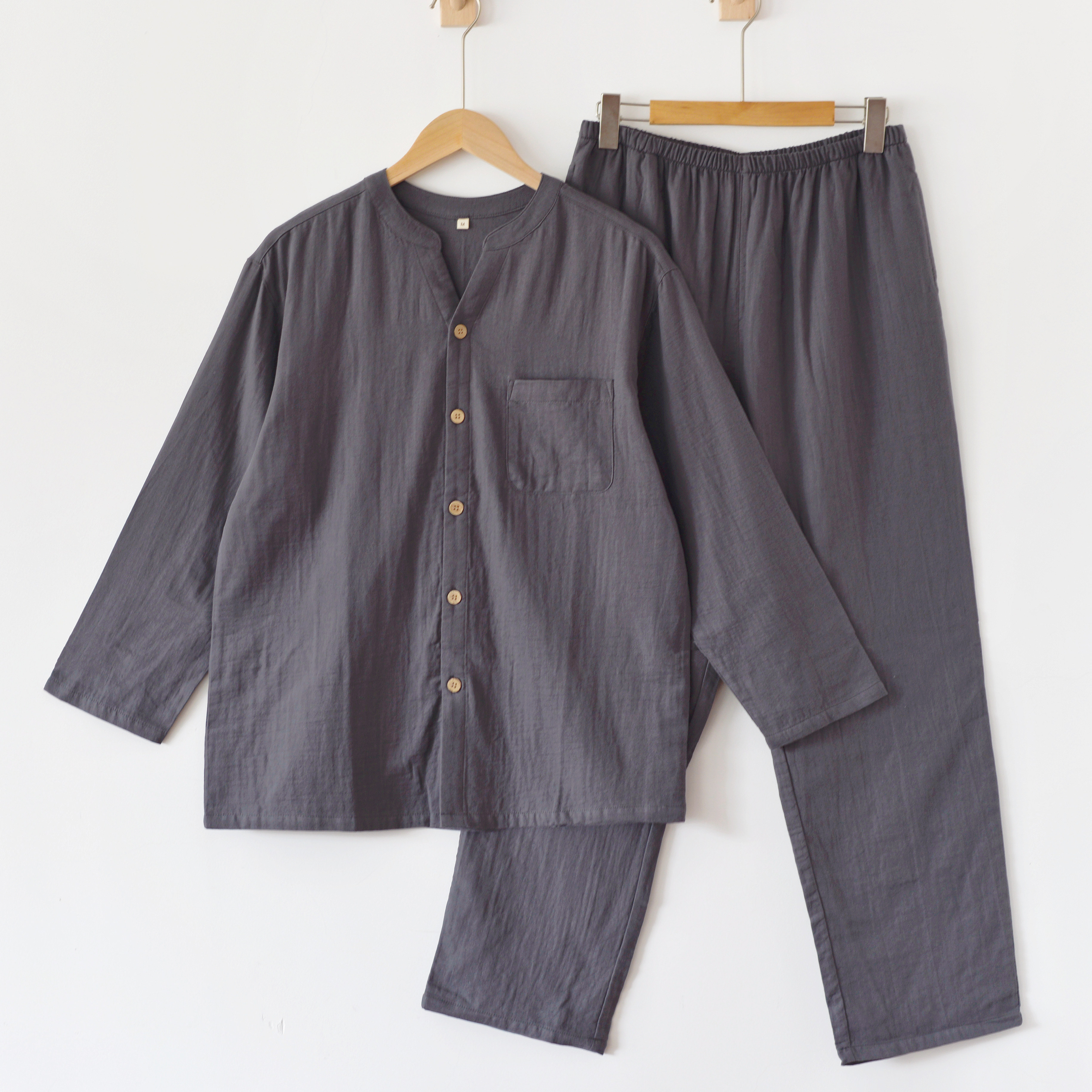 秋季新款全棉双层纱布日系纯色简约男士睡衣长袖纯棉家居服套装