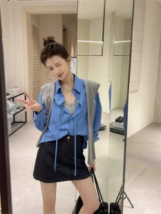 极简设计感纯色衬衫 蕾丝吊带 A字高腰牛仔半身裙套装