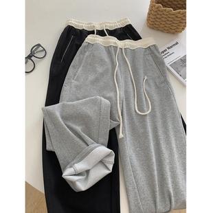 休闲长裤 百搭宽松直筒休闲裤 子 女秋季 撞色拼接腰头阔腿运动裤