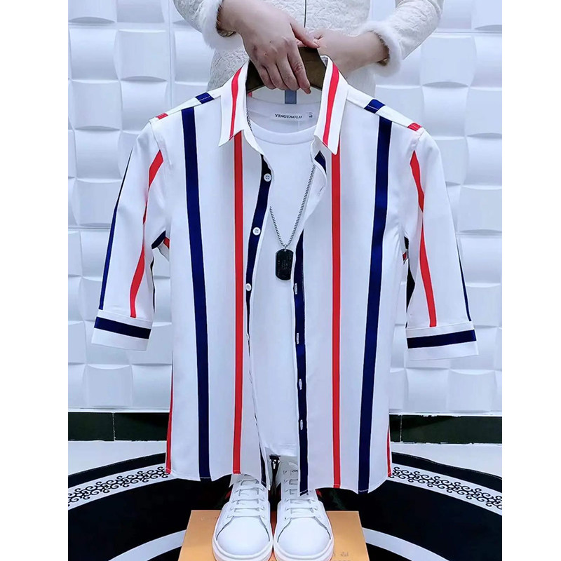 夏季新款中袖衬衫男竖条纹修身寸衫网红精神小伙百搭时尚韩版衬衣