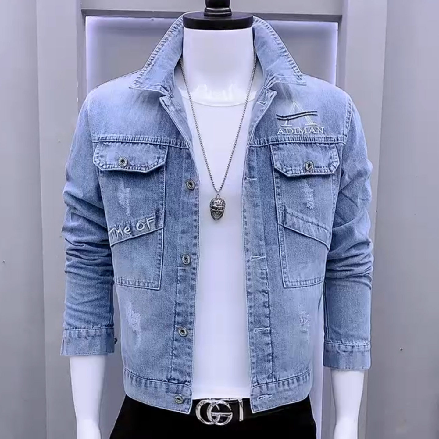 韩版修身牛仔外套男春秋潮流帅气翻领新款百搭时尚高级感网红夹克,男装,牛仔外套,淘宝优惠券,粉丝福利购,淘宝优惠卷