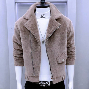 秋冬款外套男加厚痞帅韩版纯色大翻领机车服英伦风水貂绒男士夹克