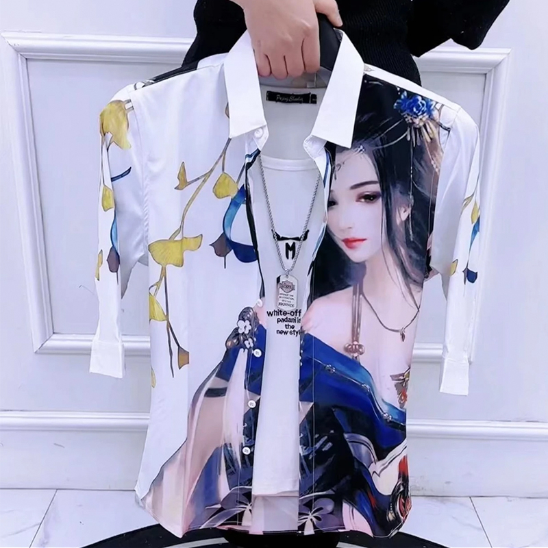 夏季衬衫男中袖修身个性印花美女潮流网红发型师衬衣新款韩版薄款