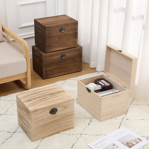 实木收纳长方形带锁可叠放大号整理盒轻奢家用复古手提杂物箱带盖