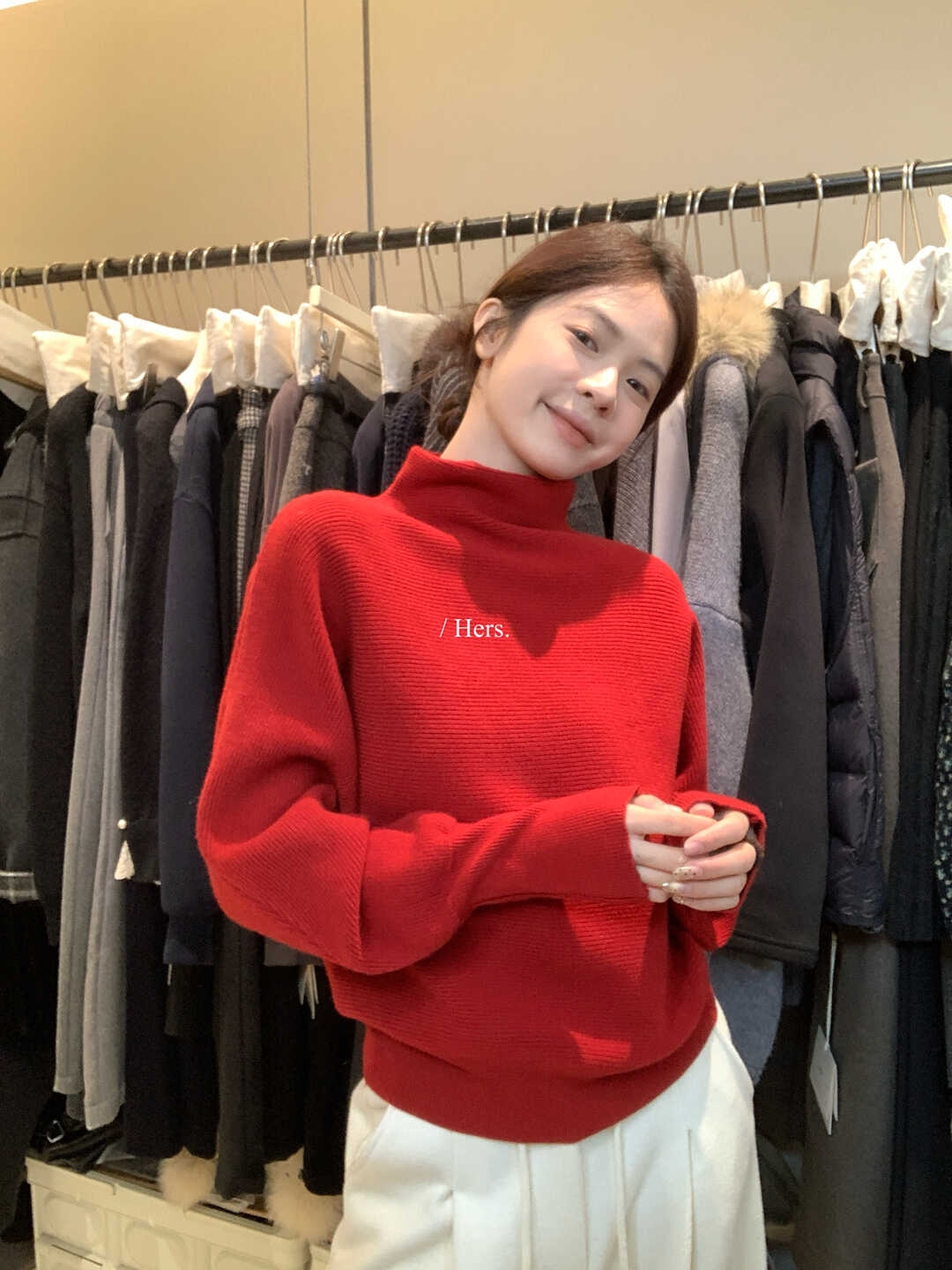 25#冬上新【Hers】韩标极简气质日常通勤半高领蝙蝠廓形毛衣#红色