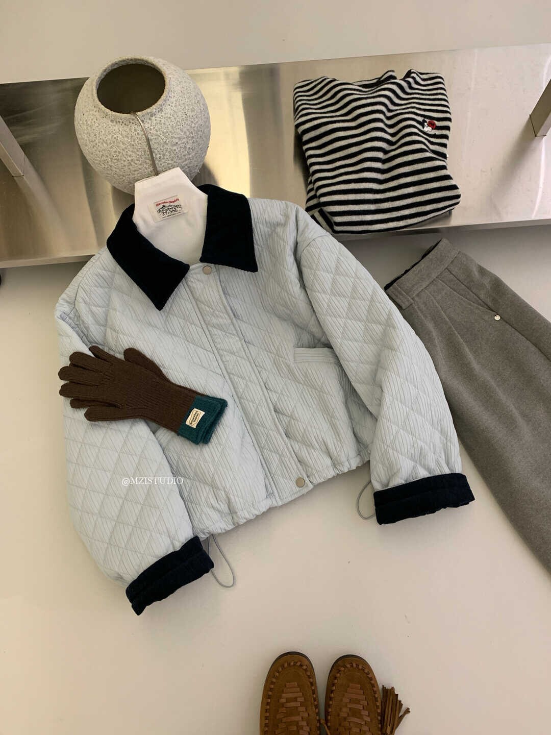 28#MZI STUDIO冬日小清新雾感灯芯绒菱格撞色翻领保暖棉服外套