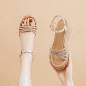 2025百丽夏夏季 女百搭坡跟轻熟风一字带水钻优雅高跟女鞋 新款 凉鞋