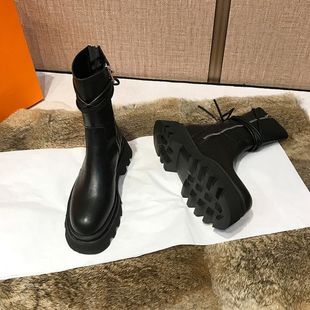 2025新款女黑色增高厚底马丁靴后绑带中筒靴子沟纹平底系带短靴潮