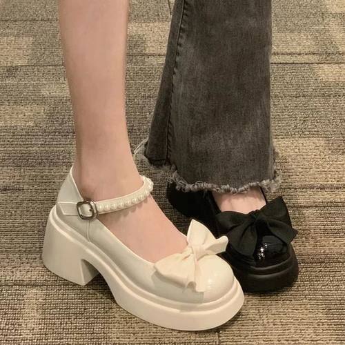 法式玛丽珍小皮鞋女2023春新款厚底增高蝴蝶结配裙子粗跟高跟单鞋
