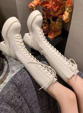 系带白色圆头超高跟马丁靴女英伦风高筒骑士靴侧拉洋气厚底长靴女