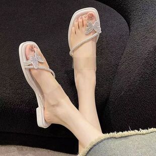 水钻蝴蝶结蛇形缠绕凉鞋低跟夏季新款一字带仙女风平底罗马水晶鞋