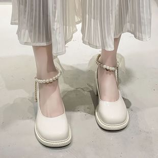 女2022年夏季 新款 珍珠法式 玛丽珍小皮鞋 粗跟高跟鞋 英伦风浅口单鞋