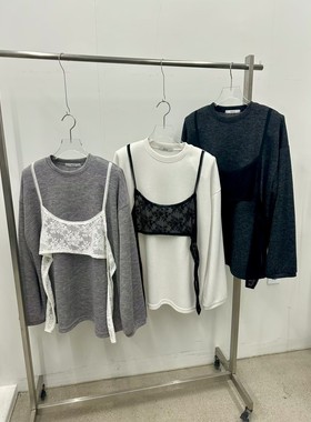 韩国东大门2026春新品hertz时尚百搭圆领长袖蕾丝拼接T恤女