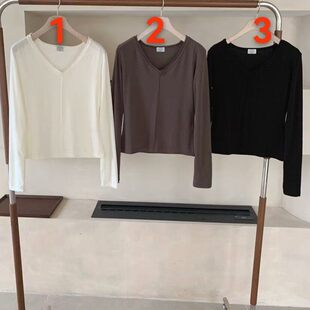 显瘦长袖 韩国东大门2026春季 blue纯色V领修身 cobalt T恤女 新款