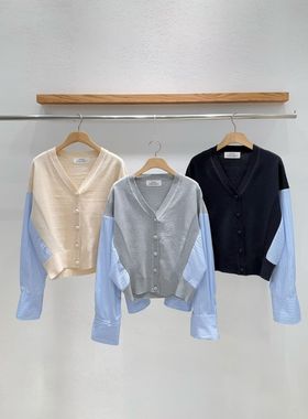 韩国东大门2026春新品INTRO时尚百搭拼色V领长袖针织开衫女