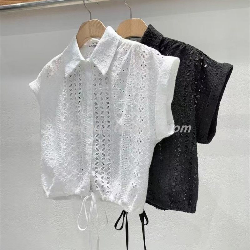 韩国东大门2025秋季新品INTRO气质镂空钩花下摆抽绳宽松短袖衬衫