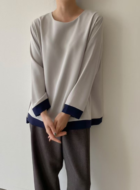 韩国东大门正品2025春夏新款Neutra拼色圆领宽松予滑上衣