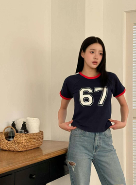 韩国东大门正品2025夏季新款sienne时尚百搭圆拼色修身领短袖T恤