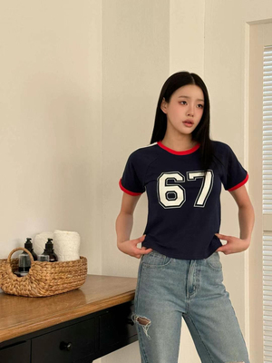 韩国东大门正品2025夏季新款sienne时尚百搭圆拼色修身领短袖T恤